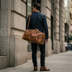 Bolsa de viagem de mão em couro com design executivo e funcional.