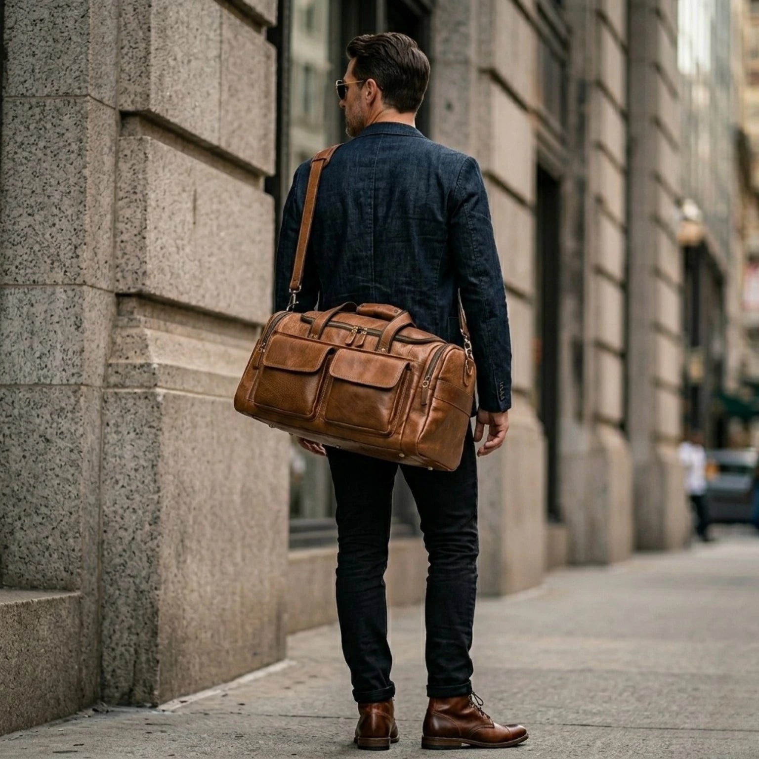 Bolsa de viagem de mão em couro com design executivo e funcional.