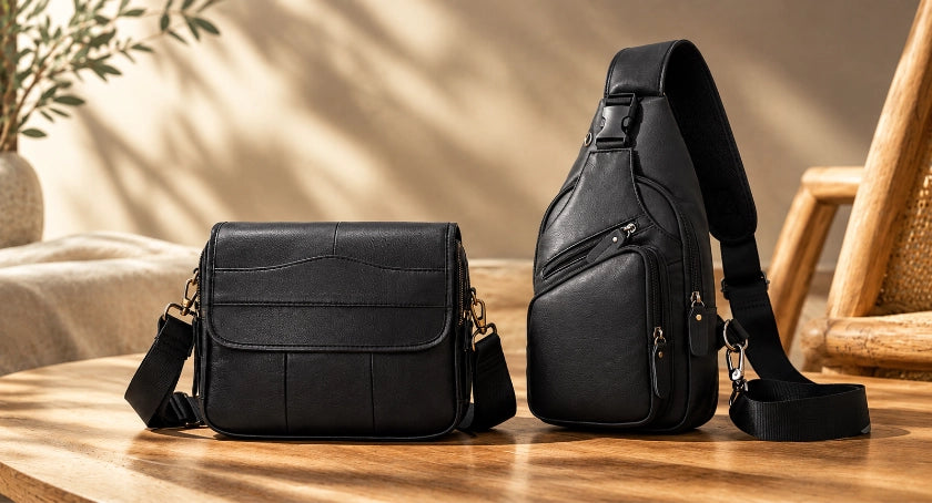 Bolsas transversais de couro preto, em diferentes modelos, sobre mesa de madeira em ambiente sofisticado.