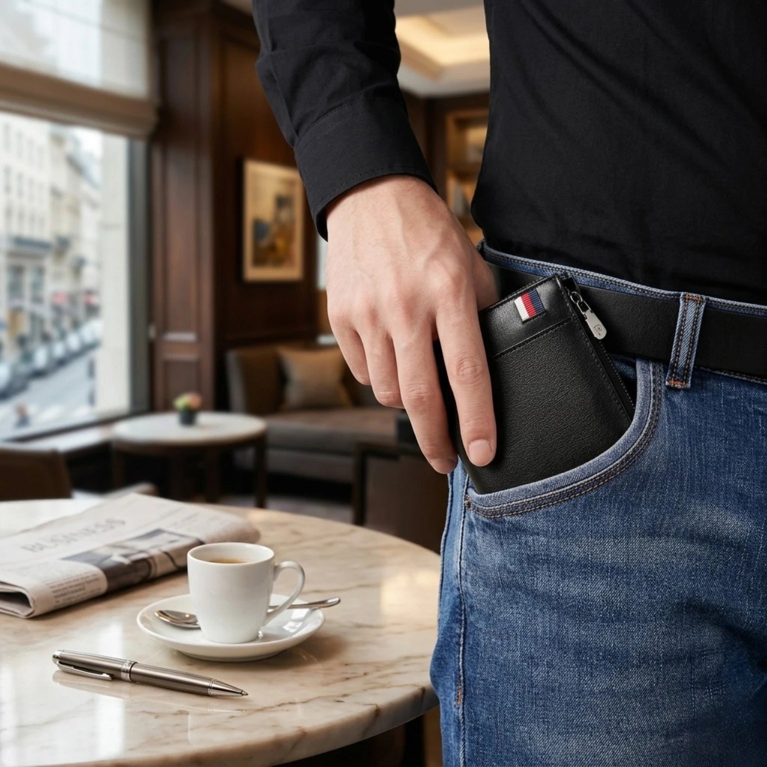 Carteira masculina em couro Bifold Monaco, modelo slim em couro legítimo com visual elegante e acabamento refinado