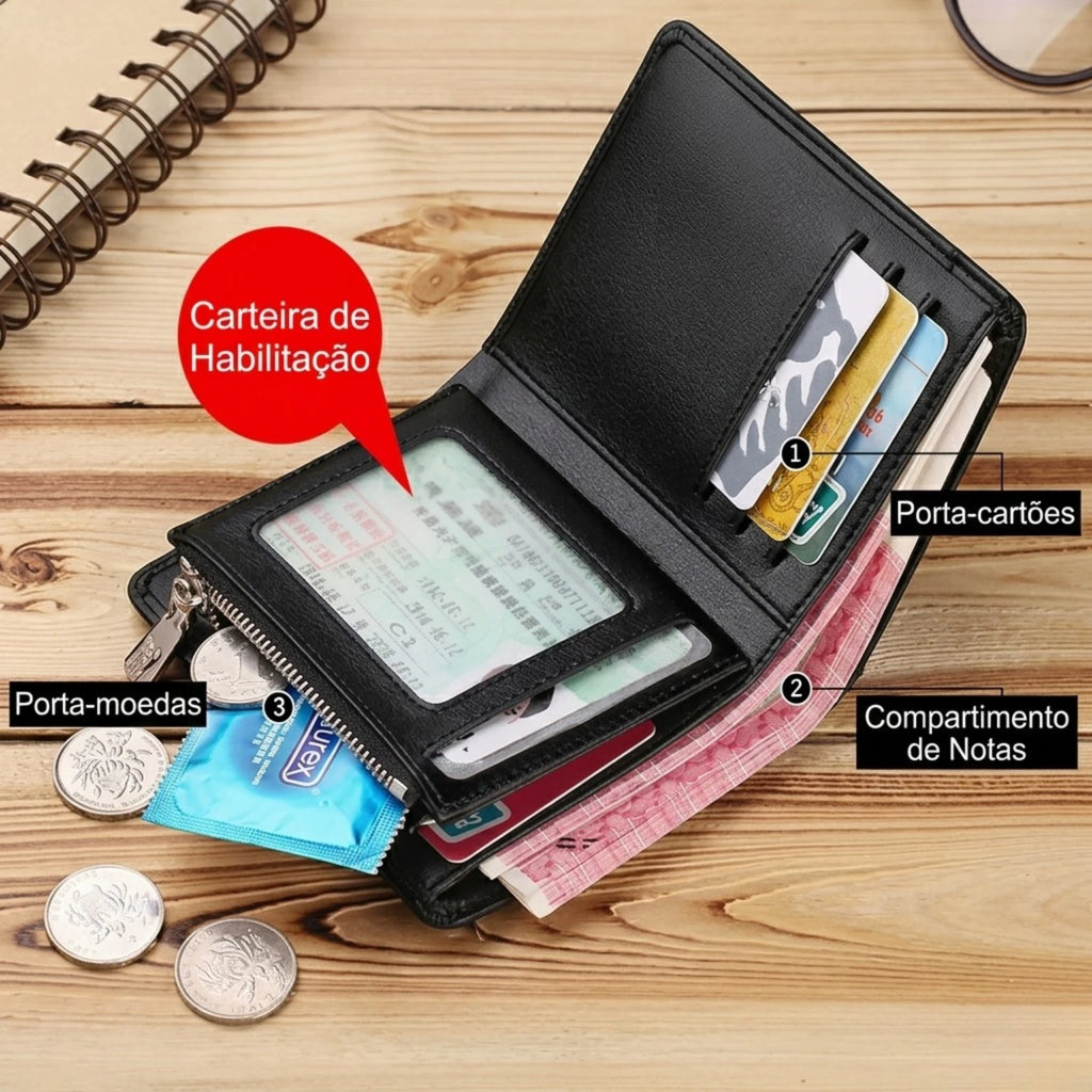 Carteira masculina pequena Bifold Monaco em couro legítimo, design moderno, funcional e elegante para o uso diário