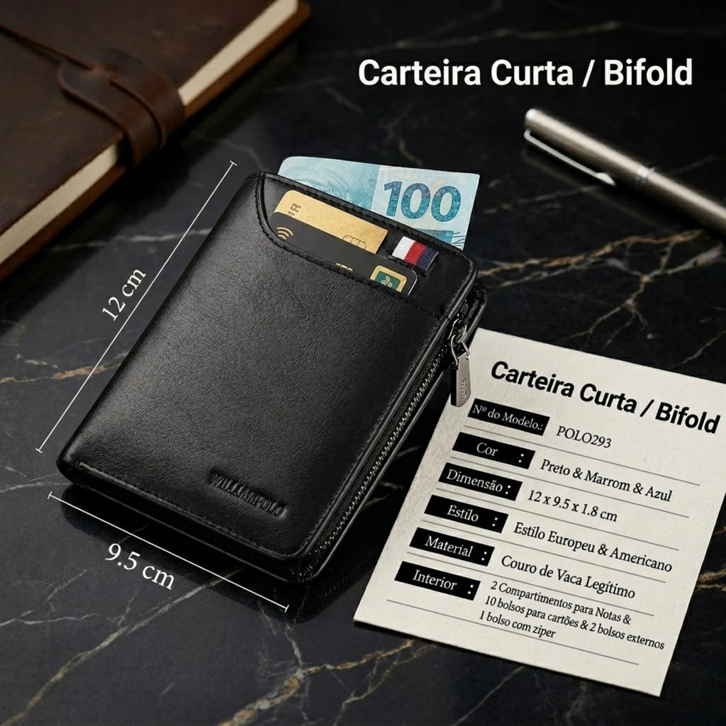 Carteira masculina pequena Bifold Monaco em couro legítimo, design moderno, funcional e elegante para o uso diário