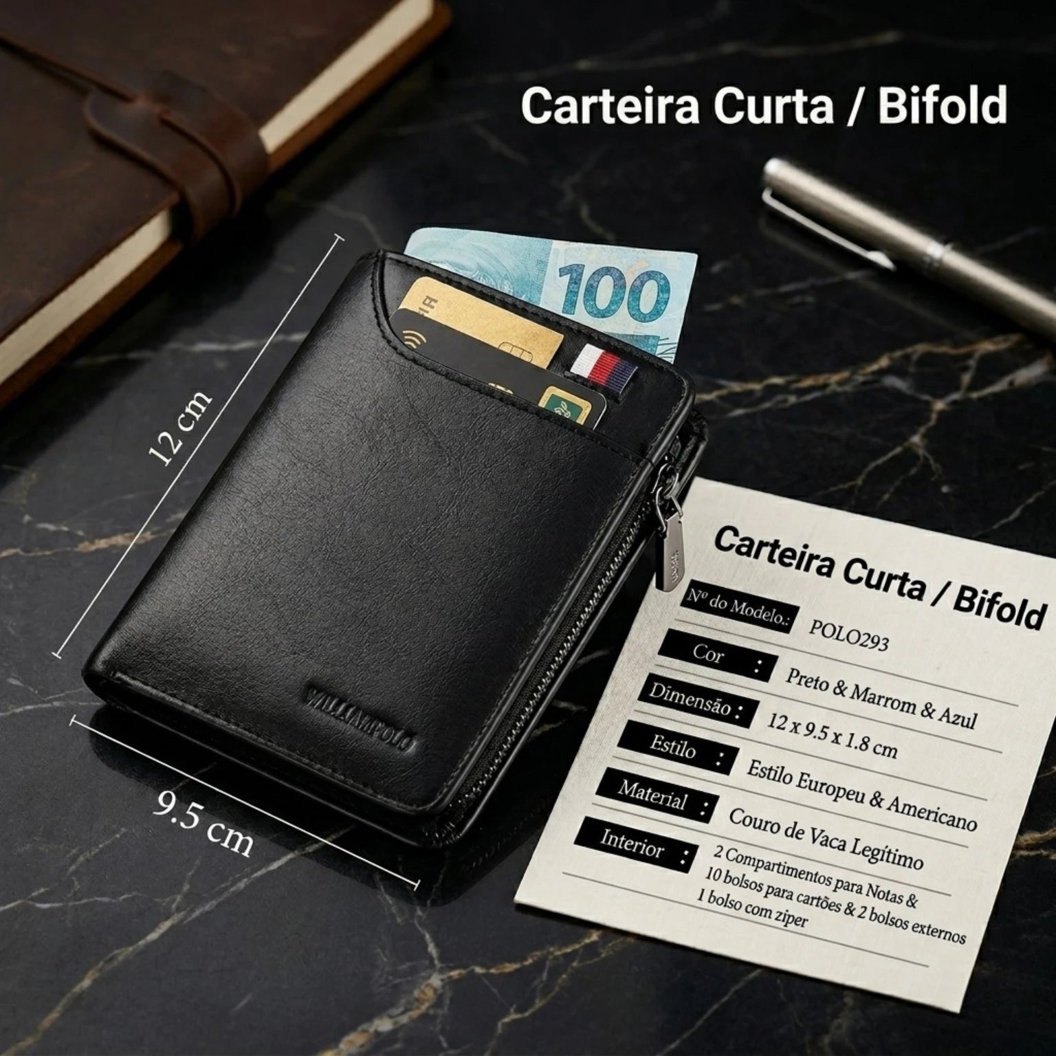 Carteira masculina pequena Bifold Monaco em couro legítimo, design moderno, funcional e elegante para o uso diário