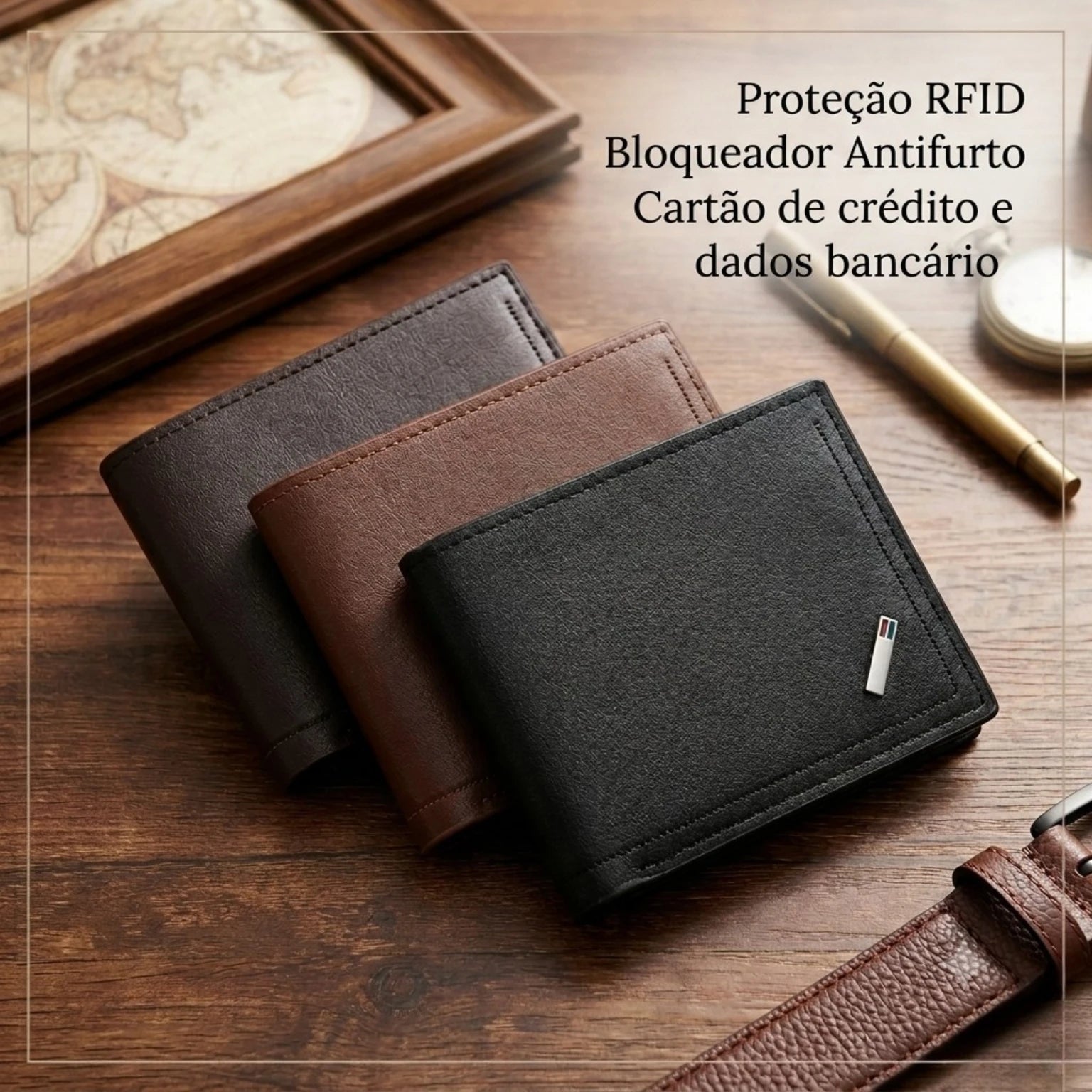 Carteira masculina pequena Texas Bifold em couro legítimo, design compacto, sofisticado e ideal para uso diário