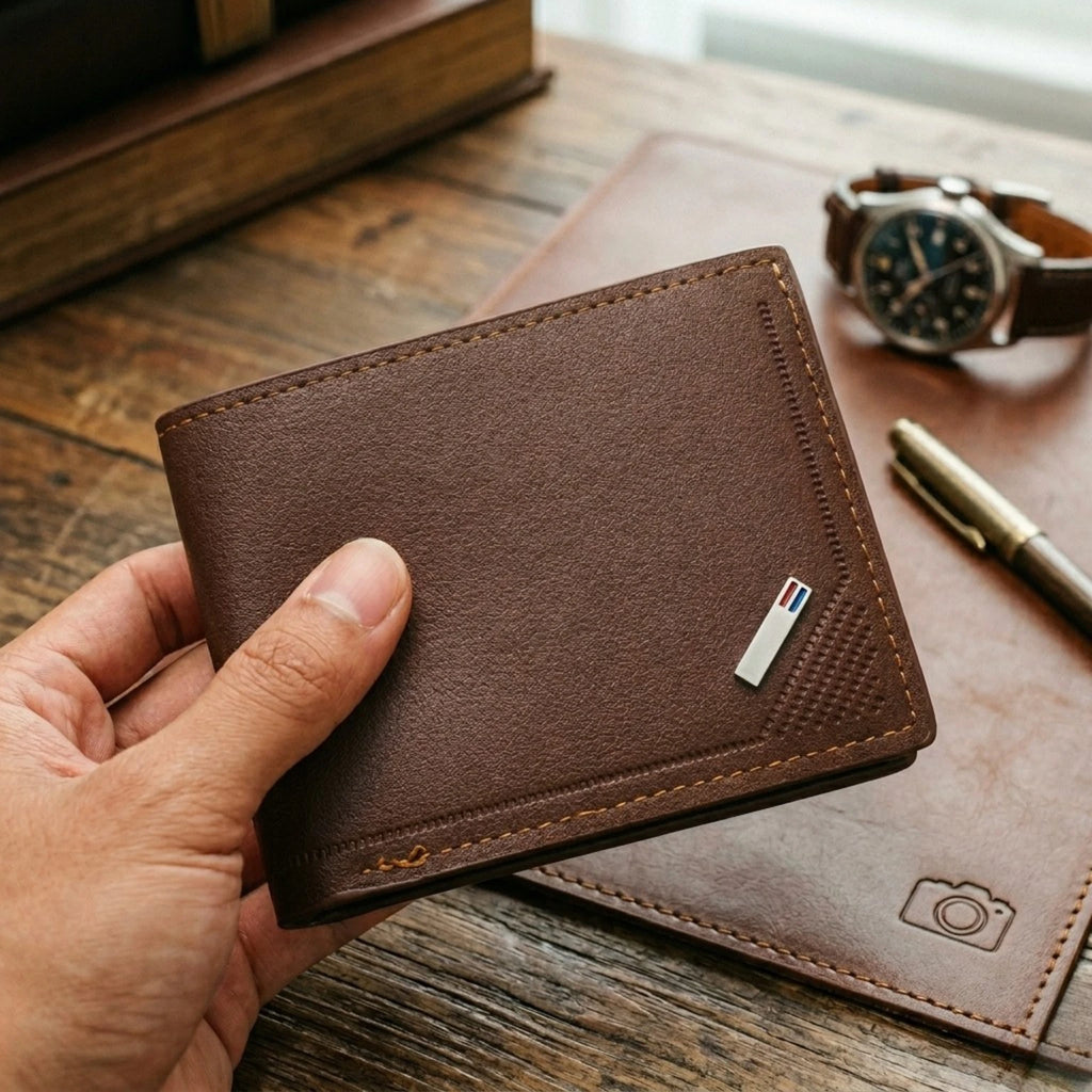 Carteira masculina em couro Texas Bifold, carteira pequena e funcional com design elegante e acabamento refinado