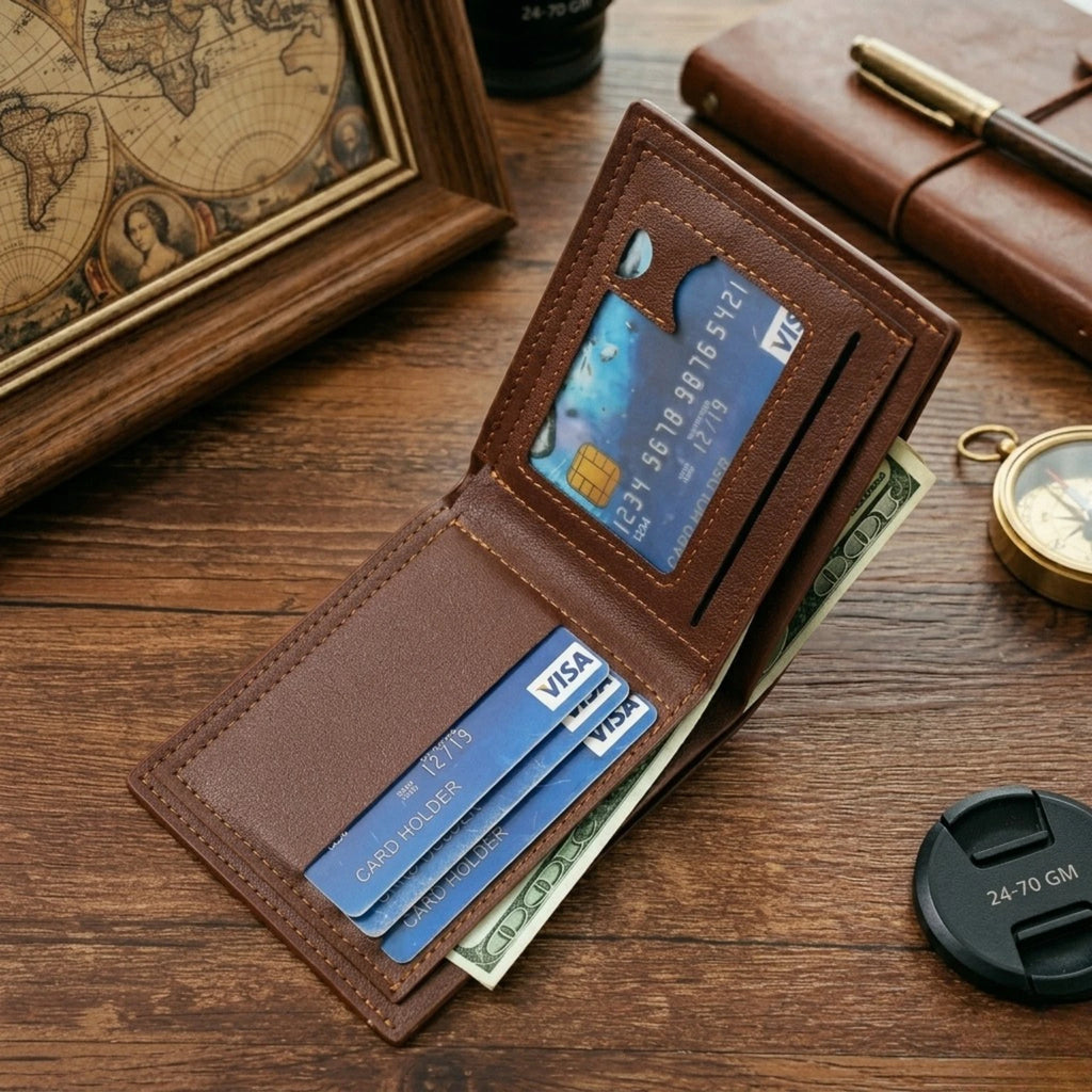 Carteira masculina de couro Bifold Texas, estilo clássico em couro legítimo para homens que valorizam praticidade e elegância