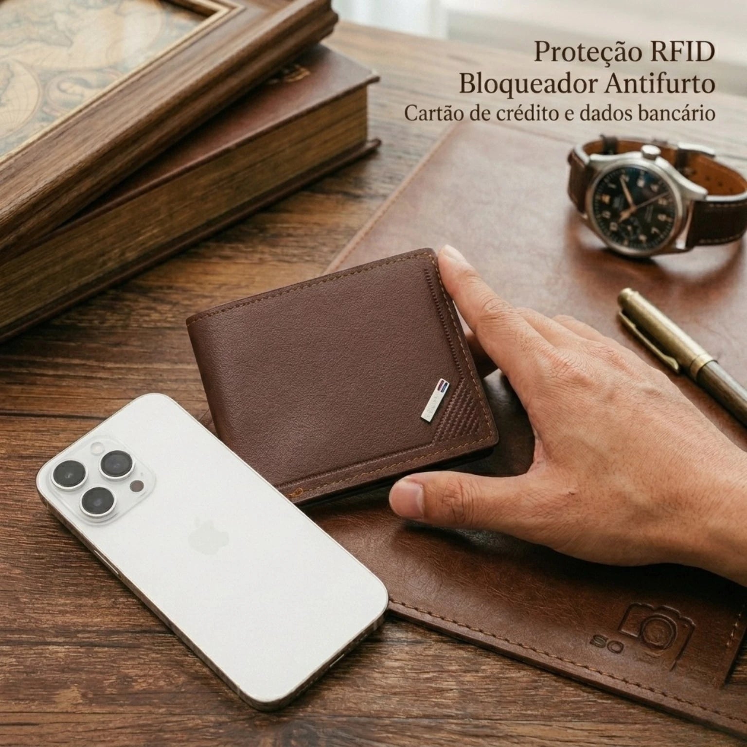 Carteira masculina pequena Texas Bifold em couro legítimo, design compacto, sofisticado e ideal para uso diário