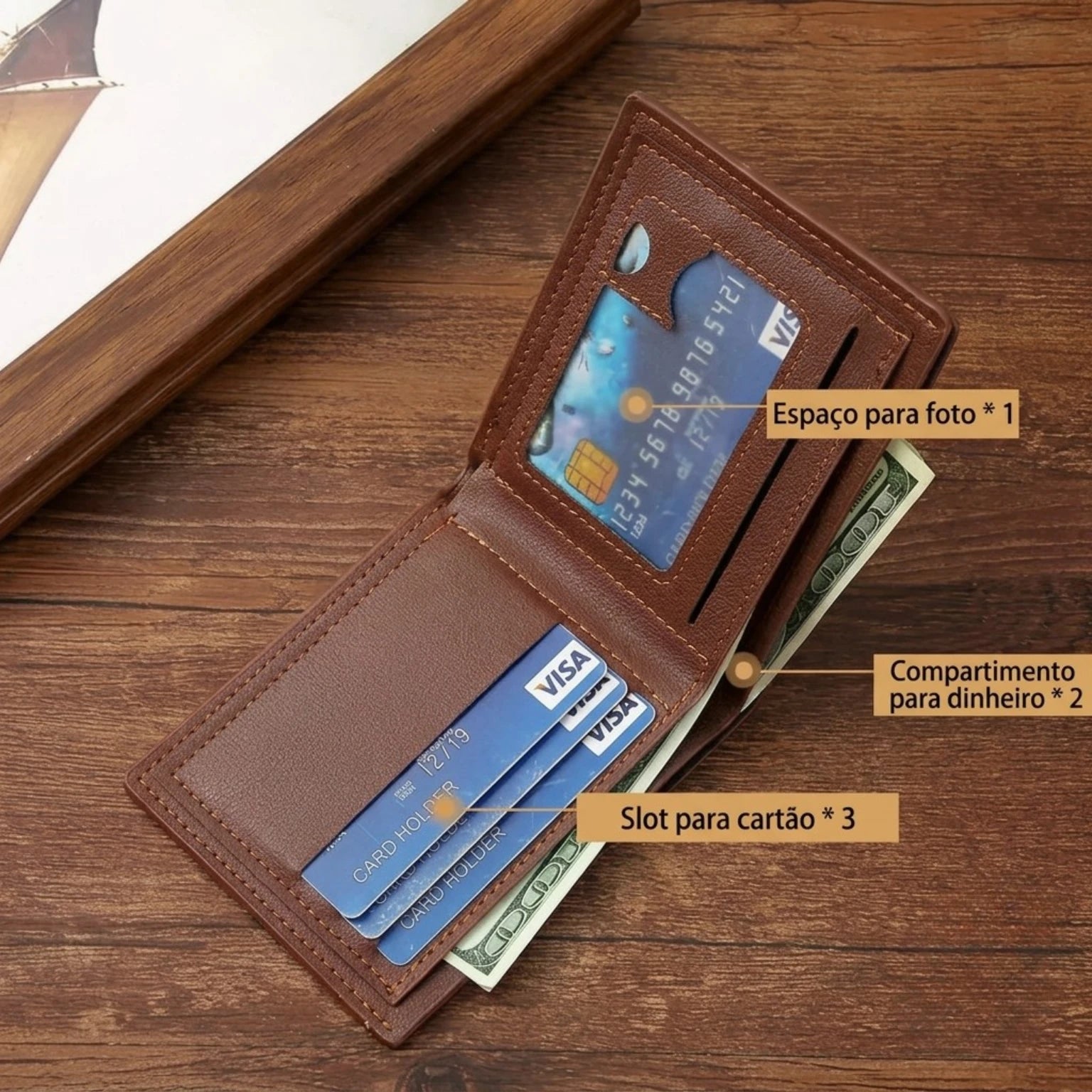 Carteira masculina pequena Texas Bifold em couro legítimo, design compacto, sofisticado e ideal para uso diário