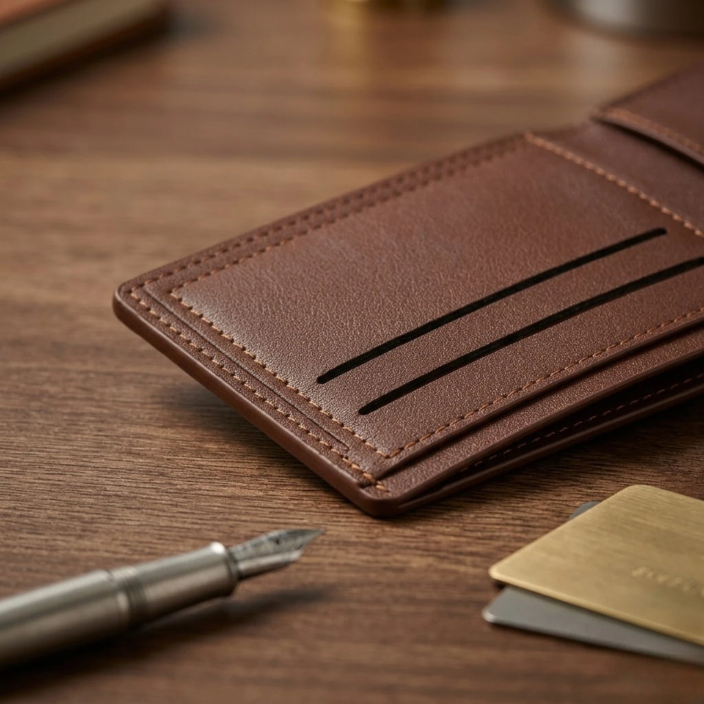 Carteira masculina pequena Texas Bifold em couro legítimo, design compacto, sofisticado e ideal para uso diário