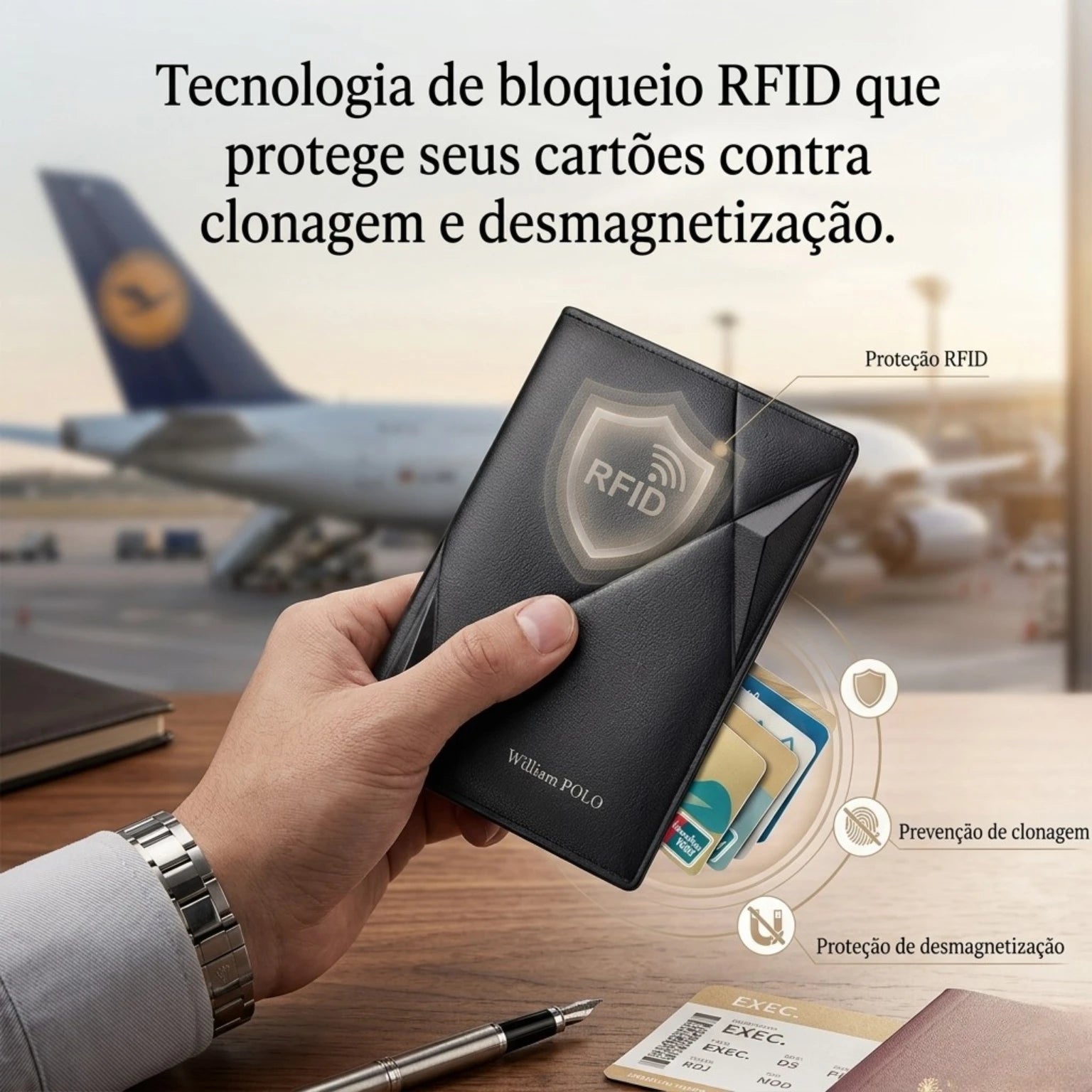 Carteira masculina pequena Carbon Antifurto RFID em couro legítimo, design moderno, compacto e sofisticado com tecnologia de proteção RFID