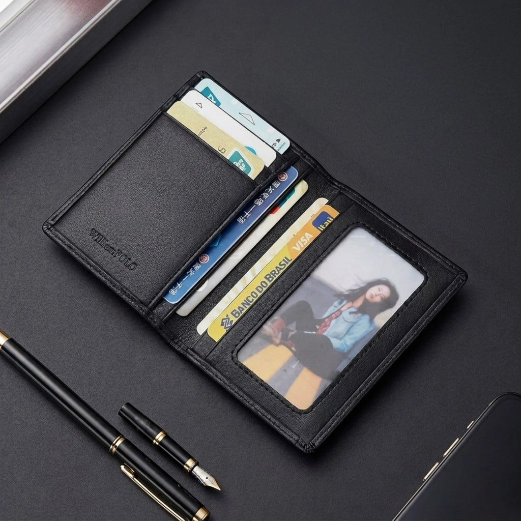 Carteira masculina pequena Carbon Antifurto RFID em couro legítimo, design moderno, compacto e sofisticado com tecnologia de proteção RFID