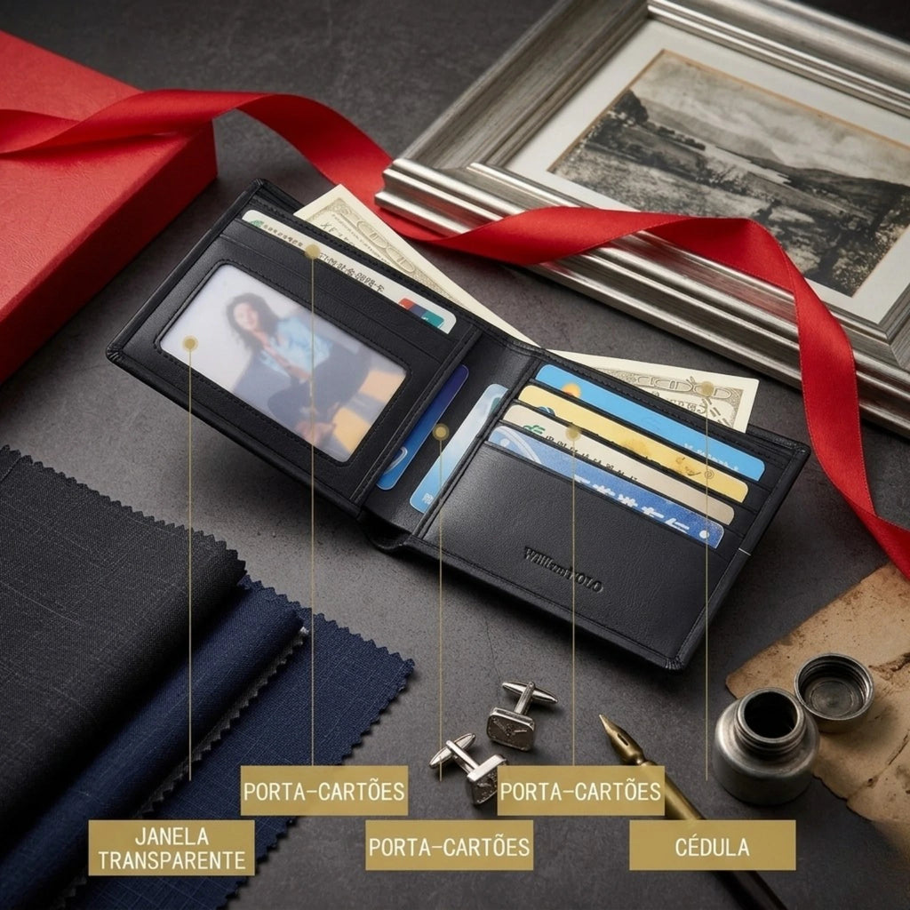 Carteira masculina pequena Executive em couro legítimo, modelo compacto, sofisticado e funcional com acabamento refinado