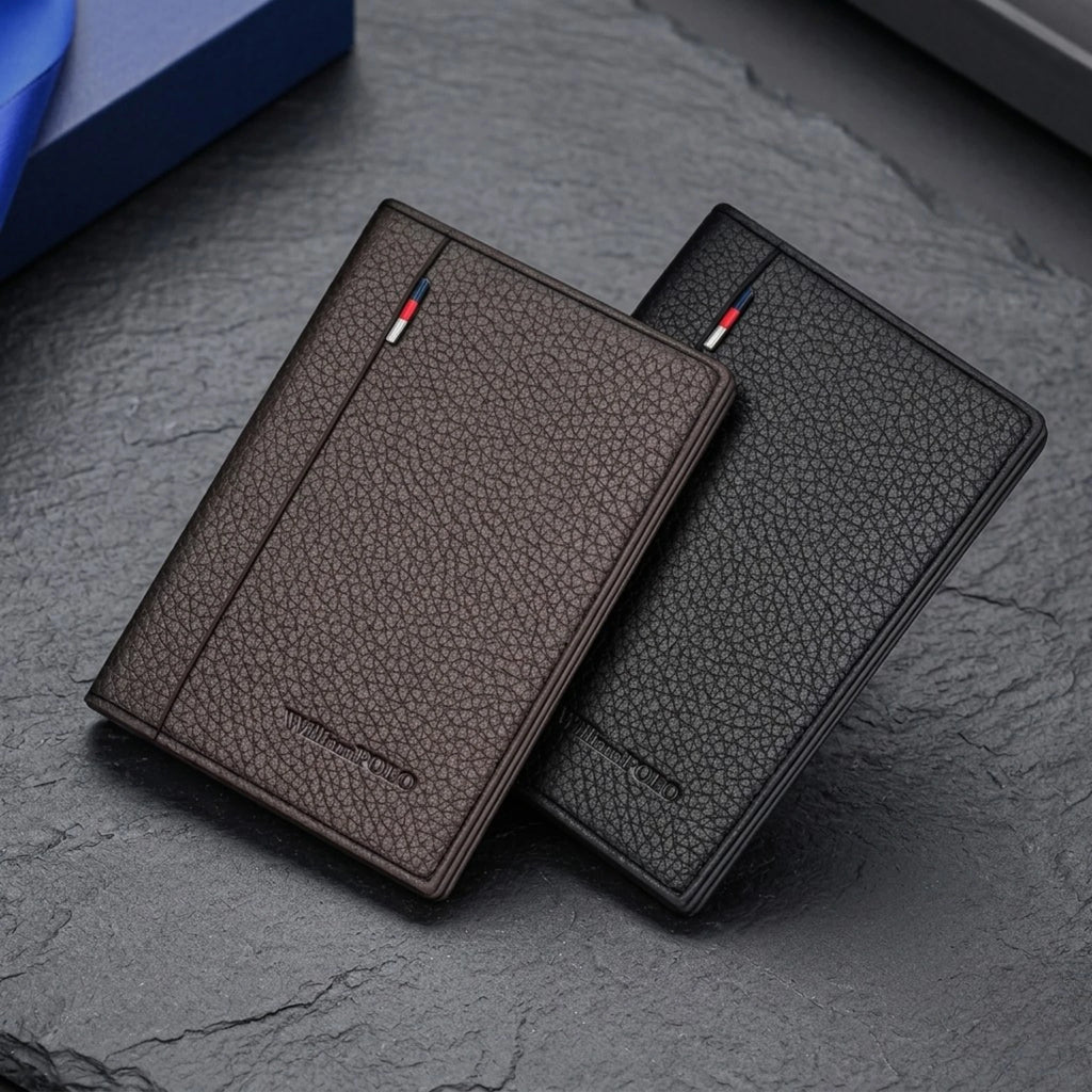 Carteira masculina pequena Slim Domini em couro legítimo, design sofisticado, alta durabilidade e acabamento premium para o dia a dia