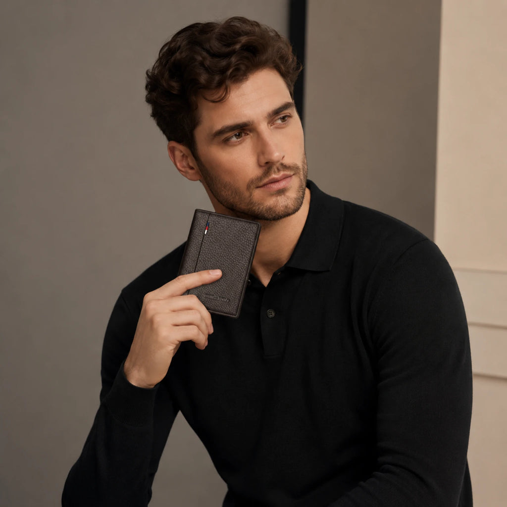 Carteira masculina de couro Slim Domini, modelo compacto em couro legítimo com visual elegante e acabamento refinado