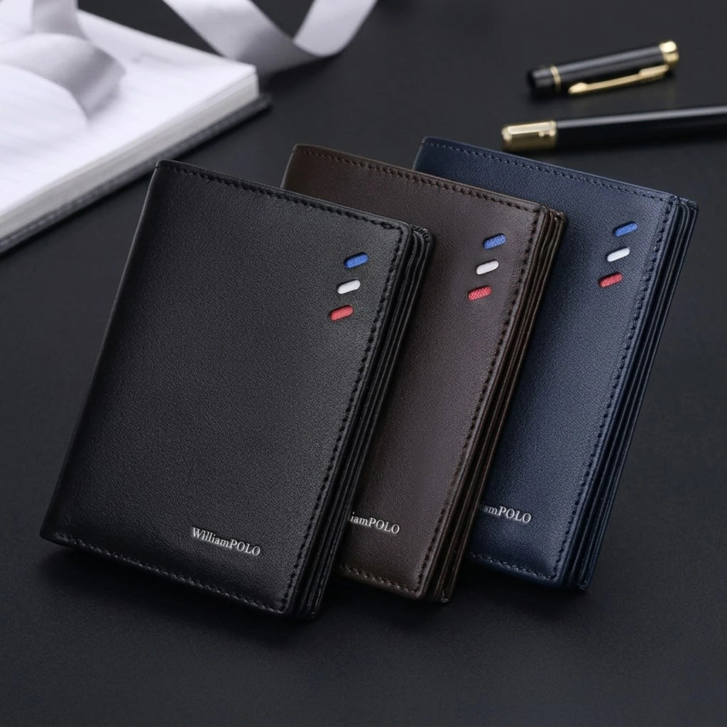 Carteira masculina de couro legítimo slim com design elegante, acabamento premium e espaço para cartões e documentos.
