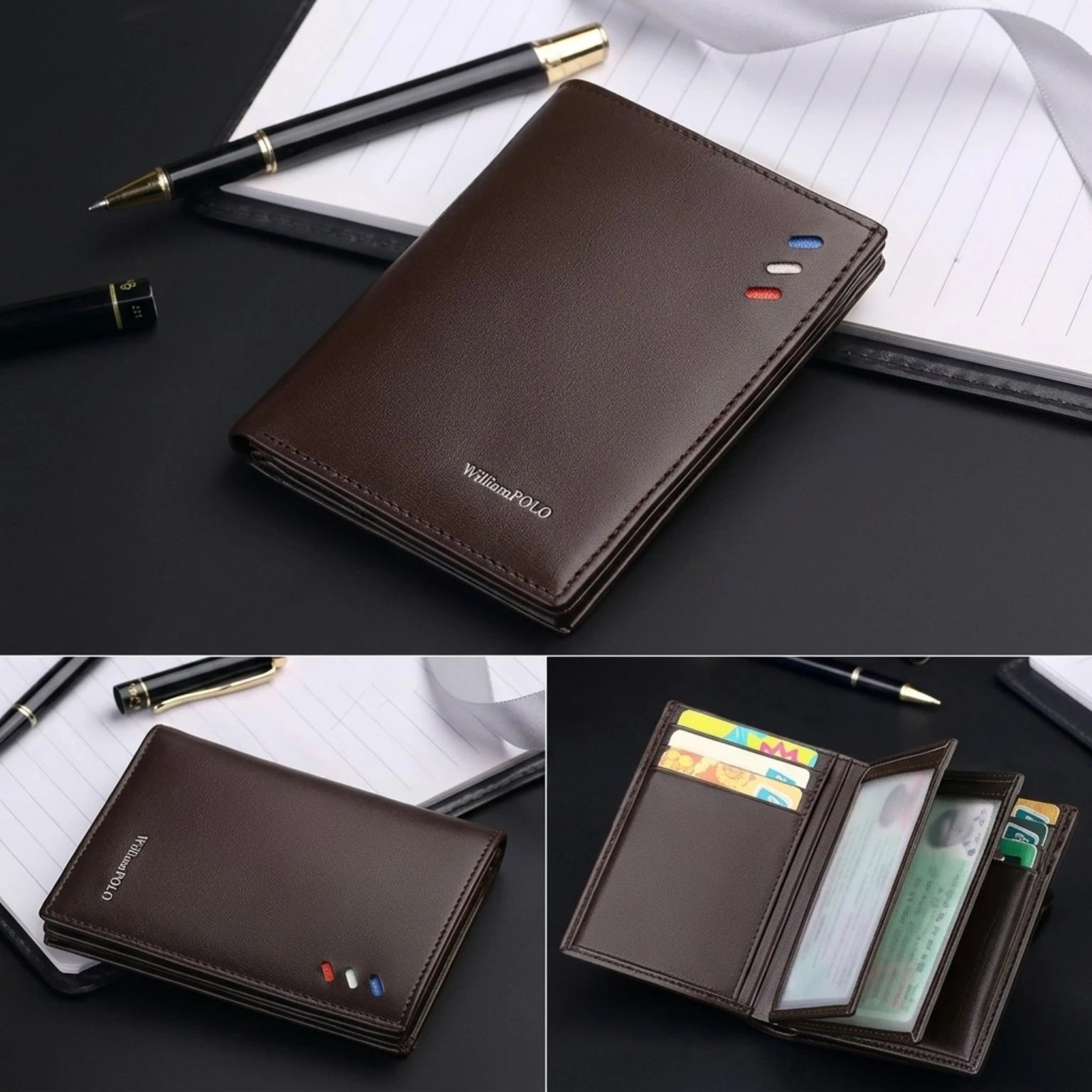 Carteira masculina de couro legítimo slim com design elegante, acabamento premium e espaço para cartões e documentos.
