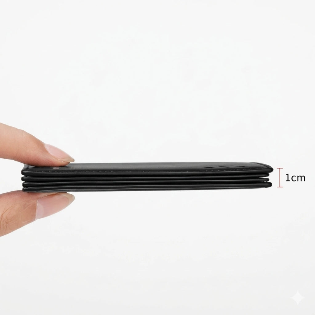 Carteira masculina de couro legítimo slim com design elegante, acabamento premium e espaço para cartões e documentos.