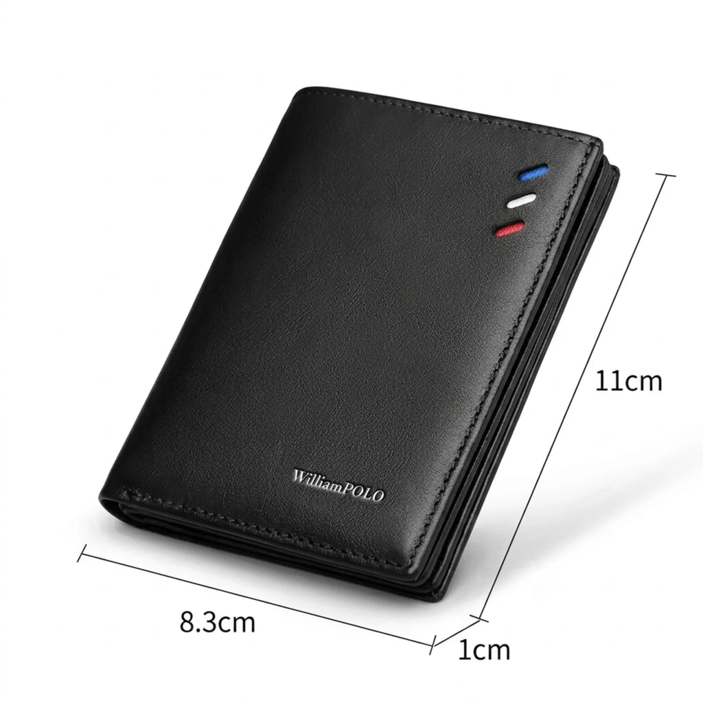 Carteira masculina de couro legítimo slim com design elegante, acabamento premium e espaço para cartões e documentos.