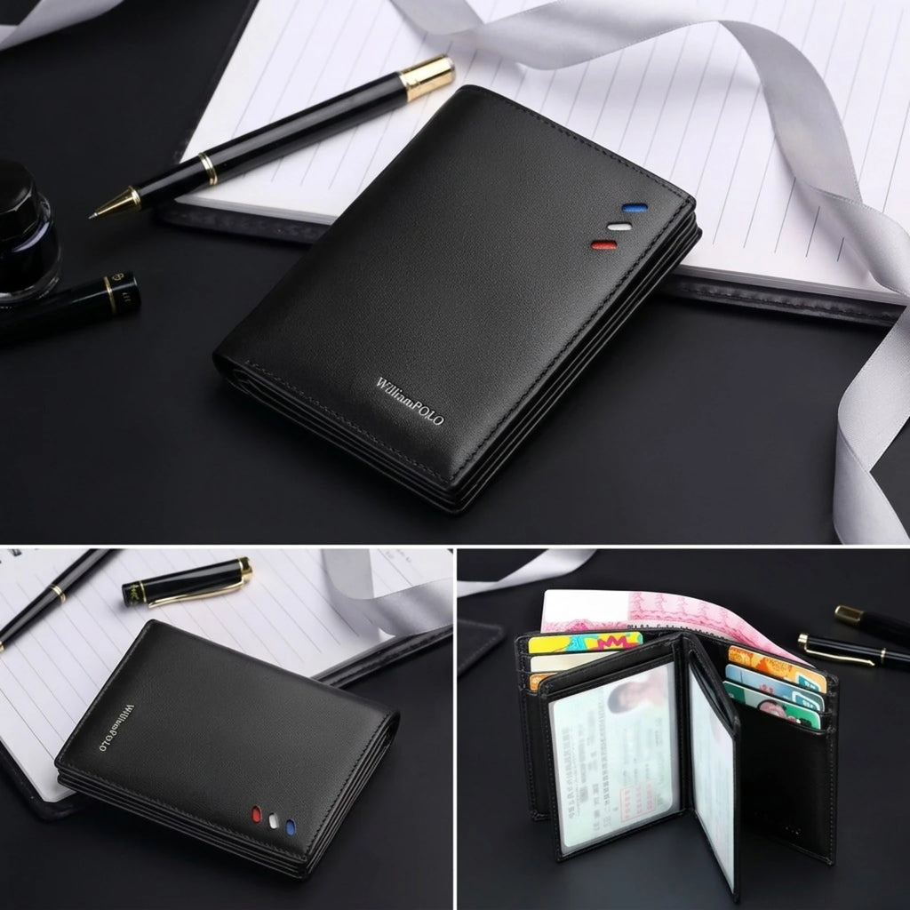 Carteira masculina de couro legítimo slim com design elegante, acabamento premium e espaço para cartões e documentos.