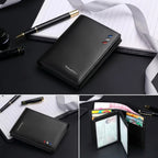 Carteira masculina de couro legítimo slim com design elegante, acabamento premium e espaço para cartões e documentos.