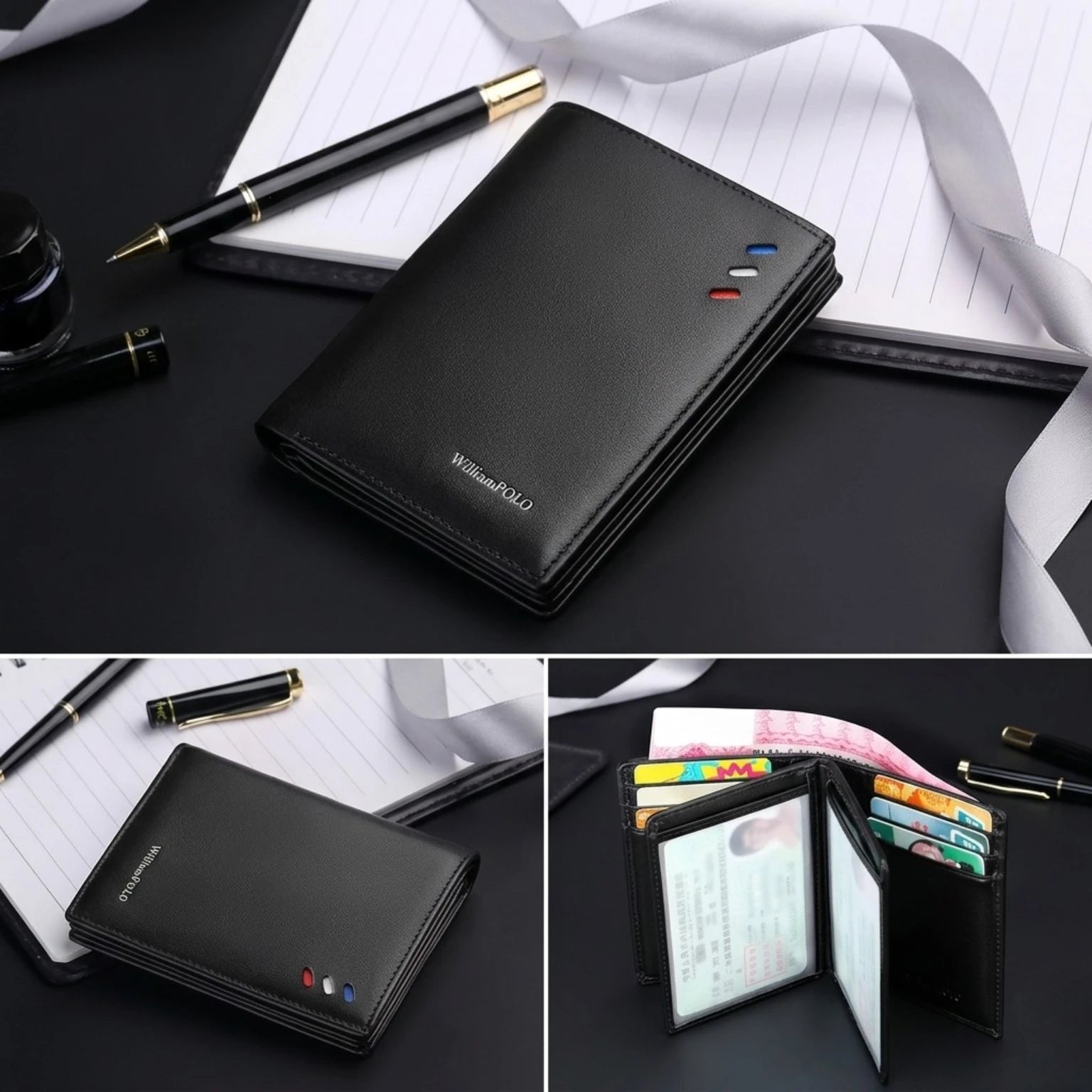 Carteira masculina de couro legítimo slim com design elegante, acabamento premium e espaço para cartões e documentos.