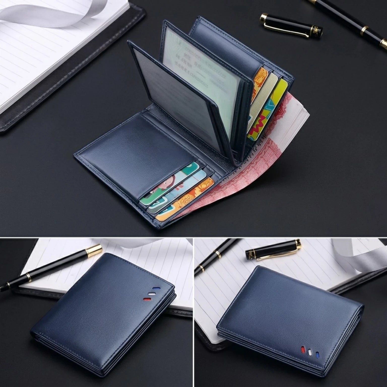 Carteira masculina de couro legítimo slim com design elegante, acabamento premium e espaço para cartões e documentos.