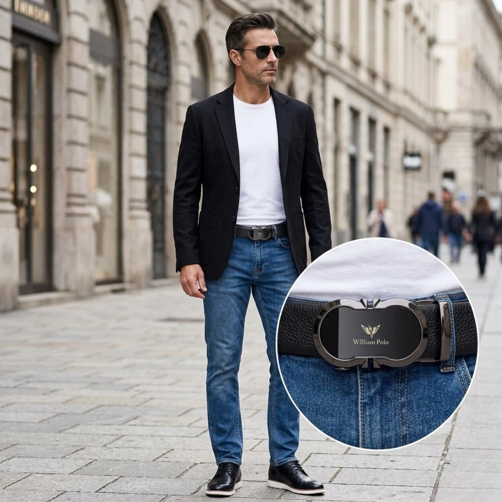 "Cinto de couro masculino com fivela automática Iron, confeccionado em couro premium, oferecendo conforto, durabilidade e visual sofisticado."