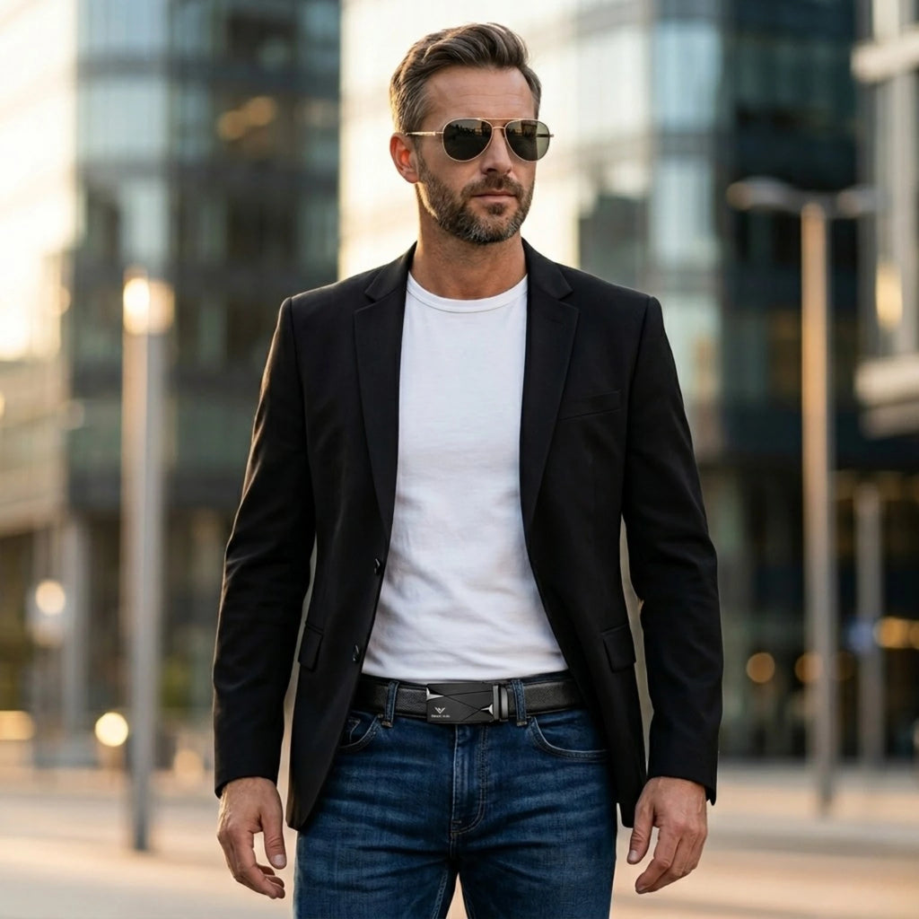 Cinto de Couro Executive Prestige, modelo masculino em couro legítimo com visual elegante e acabamento premium