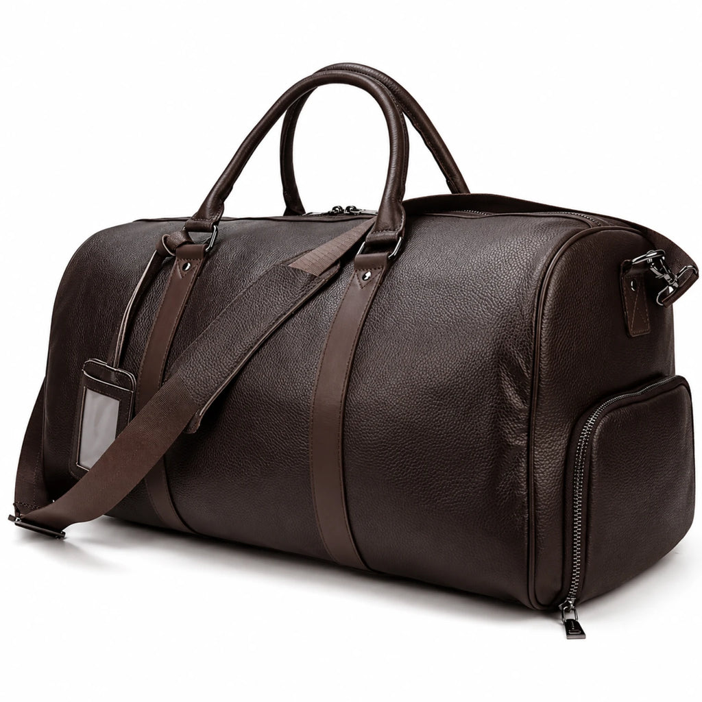 Mala de viagem grande em couro legítimo com amplo espaço interno e design elegante para viagens.