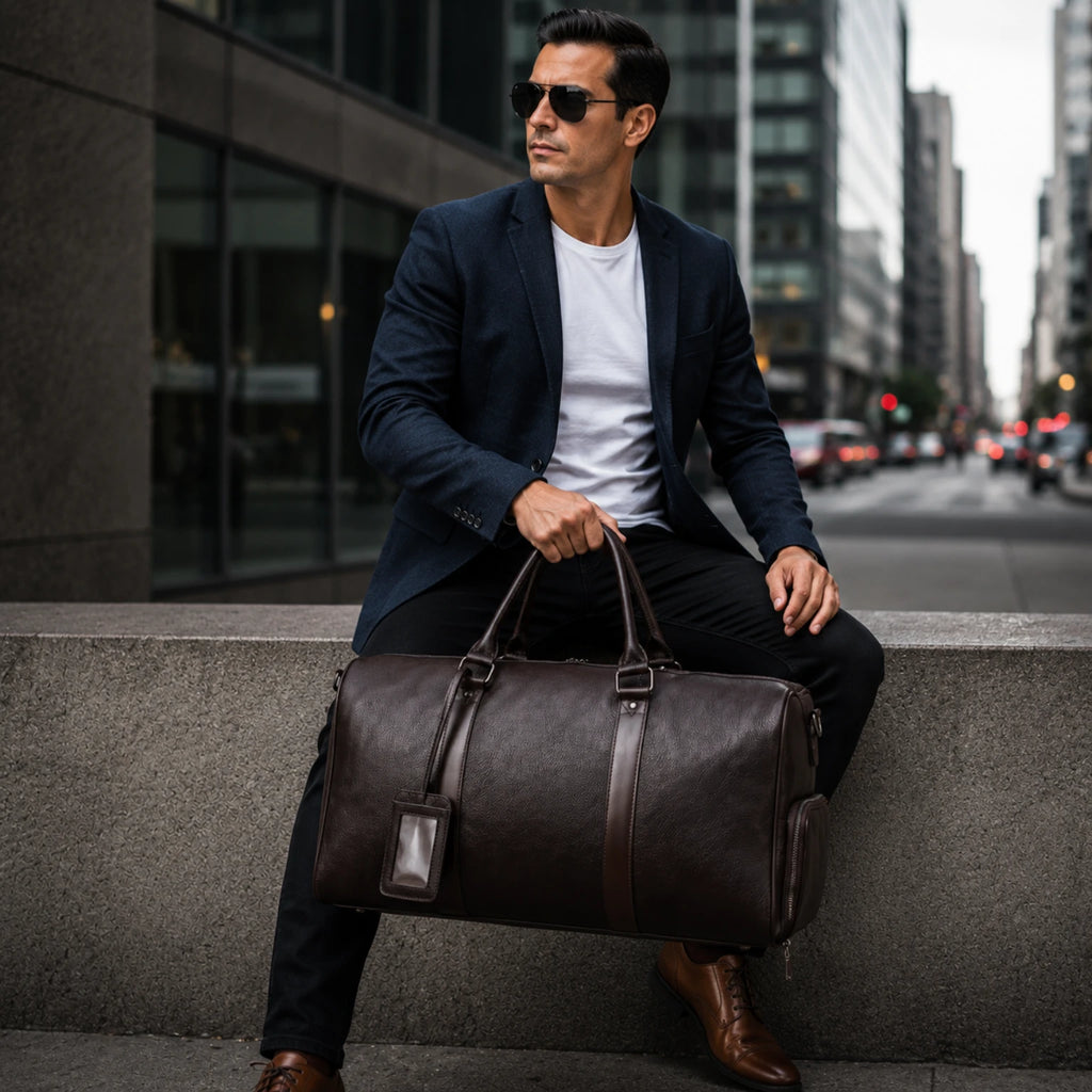 Mala de couro masculina para viagem com compartimentos espaçosos e acabamento refinado.