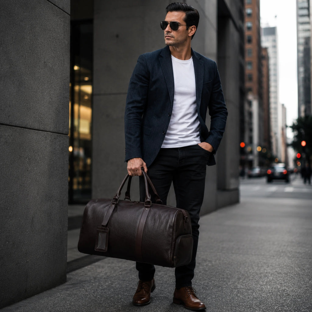 Mala de viagem grande em couro legítimo com amplo espaço interno e design elegante para viagens.