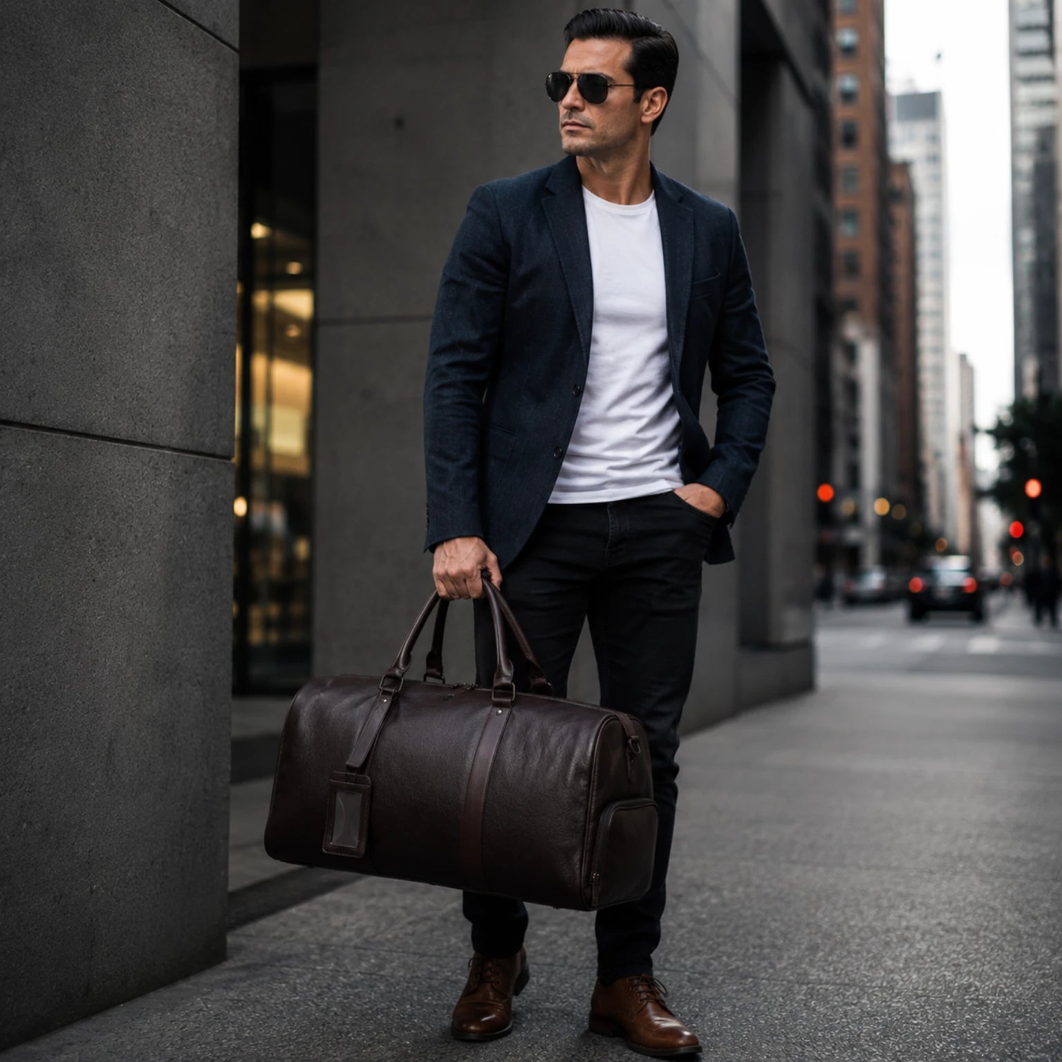 Mala de viagem grande em couro legítimo com amplo espaço interno e design elegante para viagens.