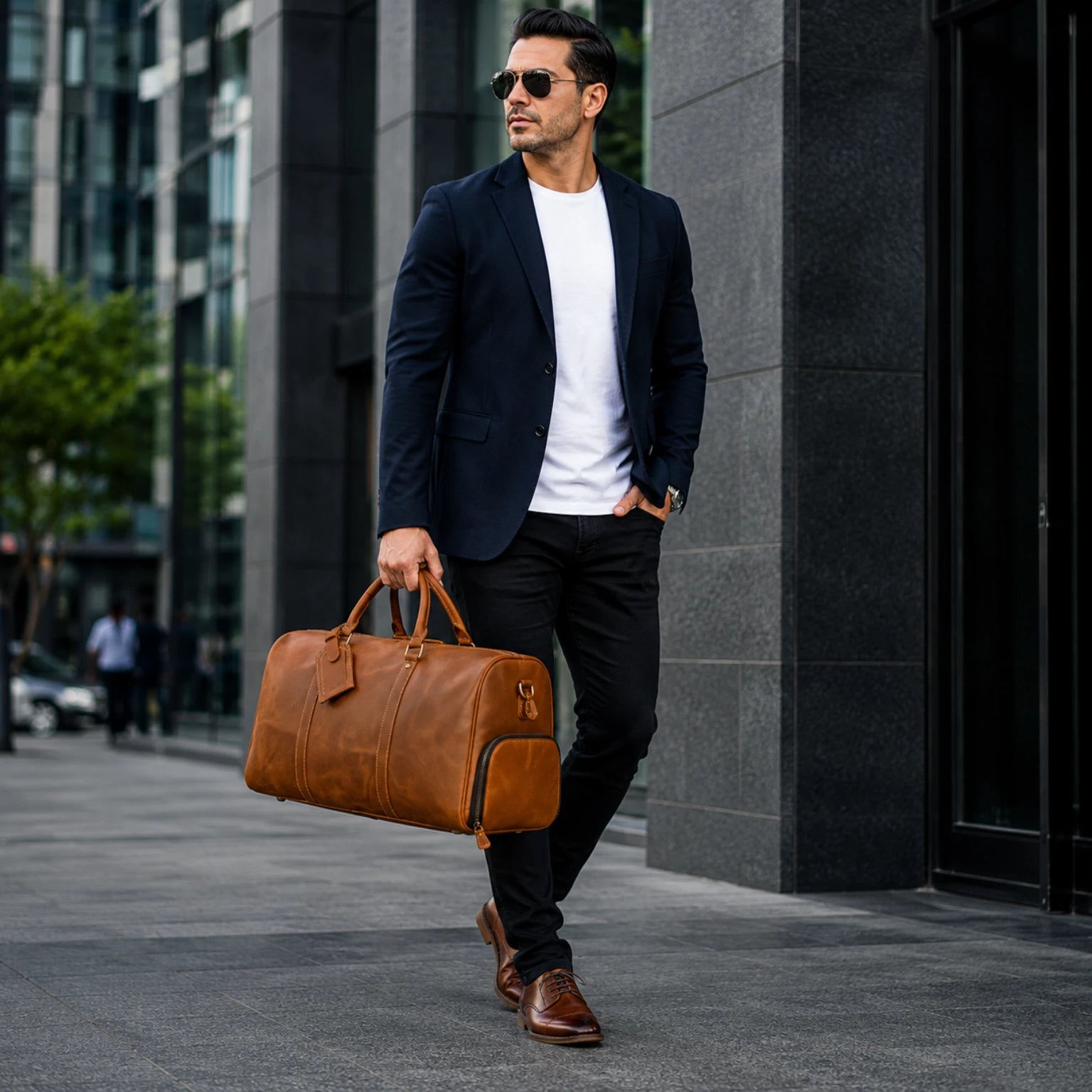 Mala de viagem grande em couro legítimo com amplo espaço interno e design elegante para viagens.