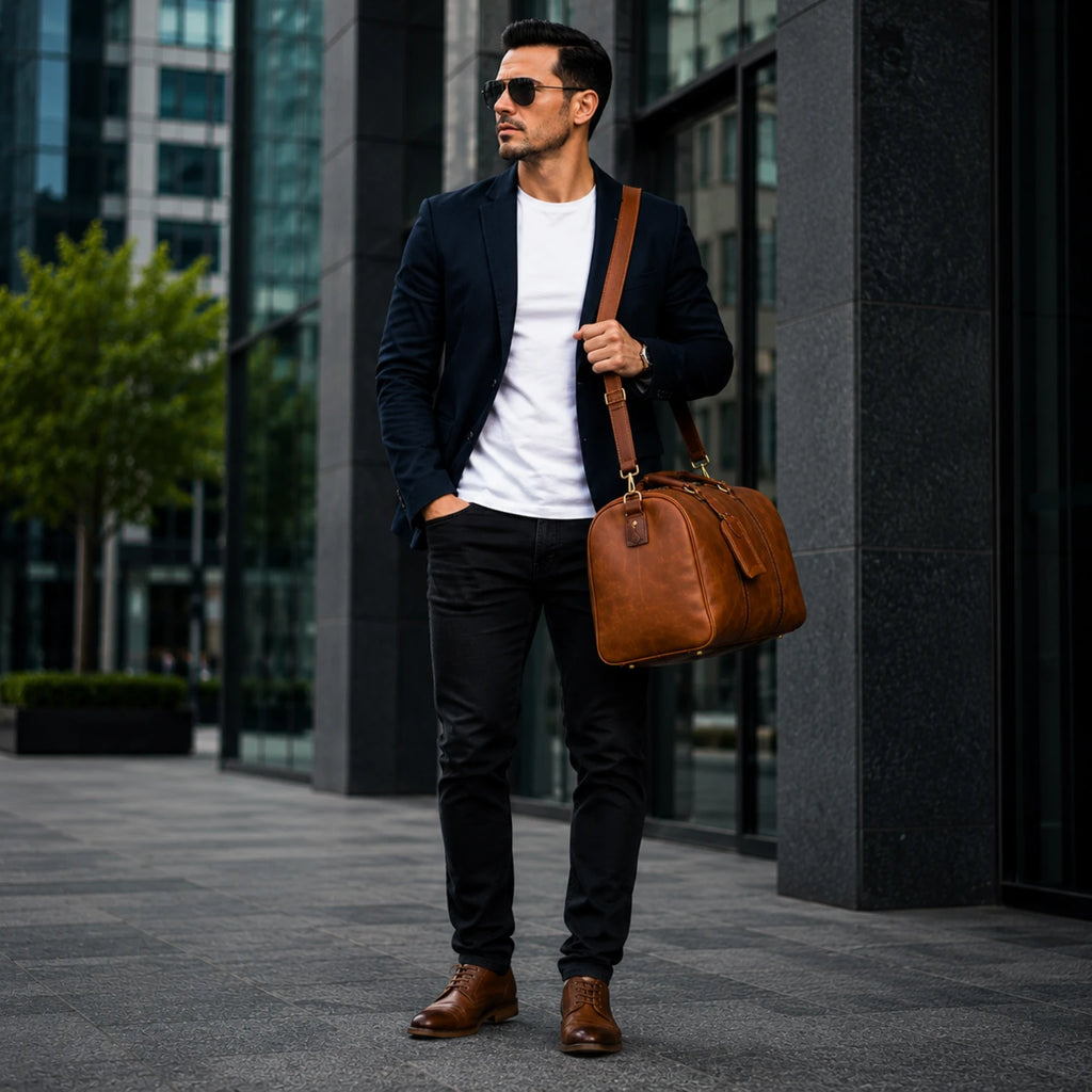 Mala de viagem grande em couro legítimo com amplo espaço interno e design elegante para viagens.