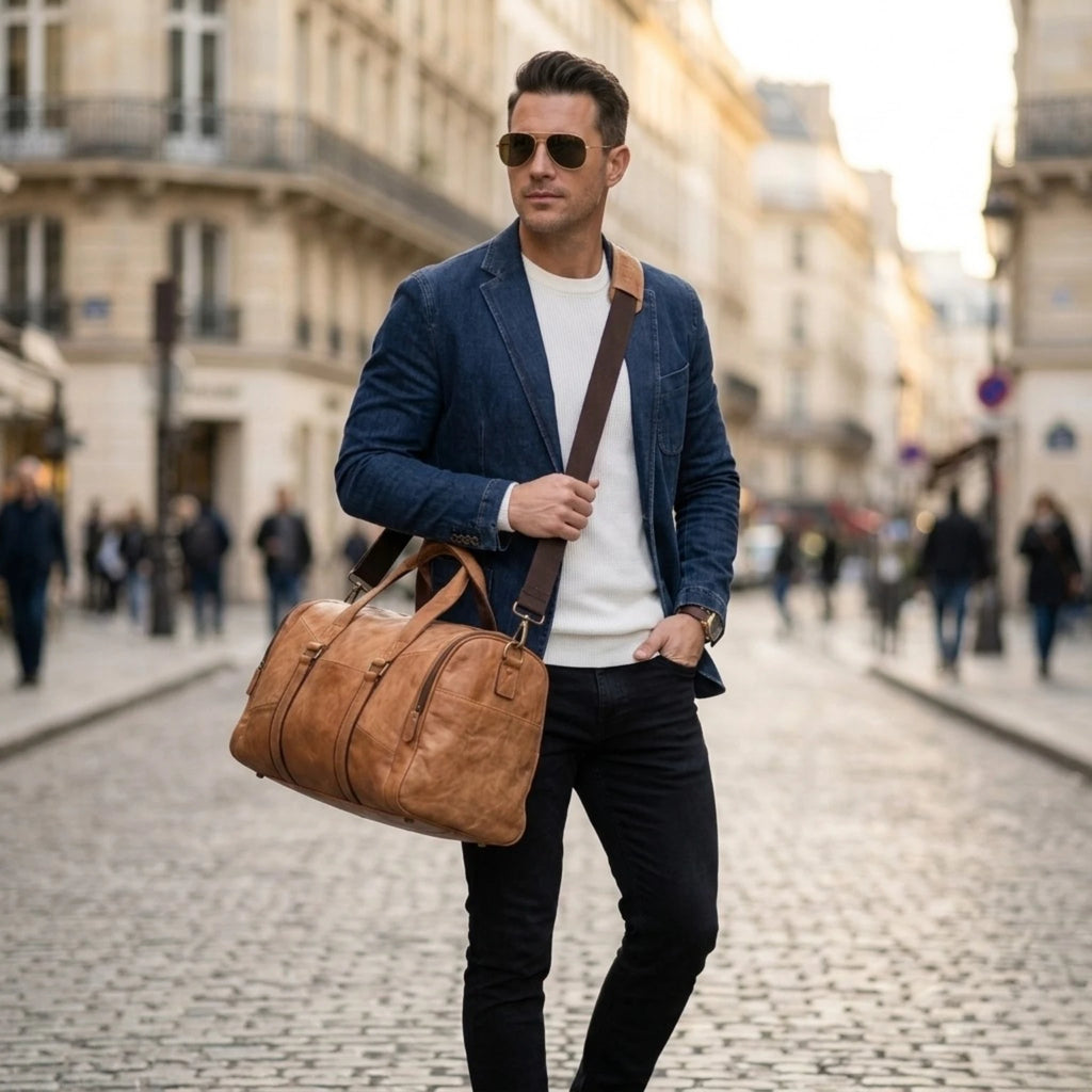 Mala de viagem executiva em couro vintage com acabamento refinado e durável.