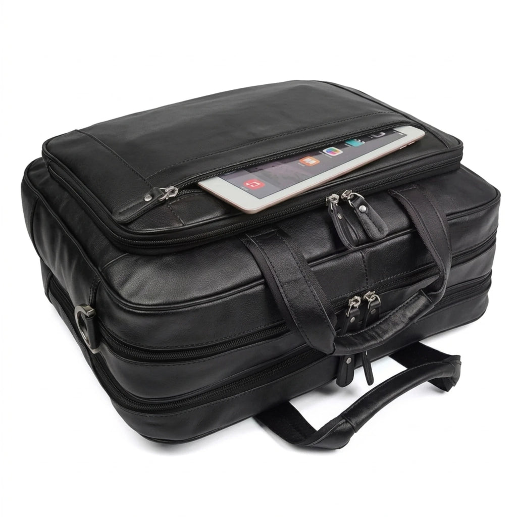 Maleta executiva de couro ORVENI Black Texas perfeita para reuniões, trabalho e viagens de negócios.
