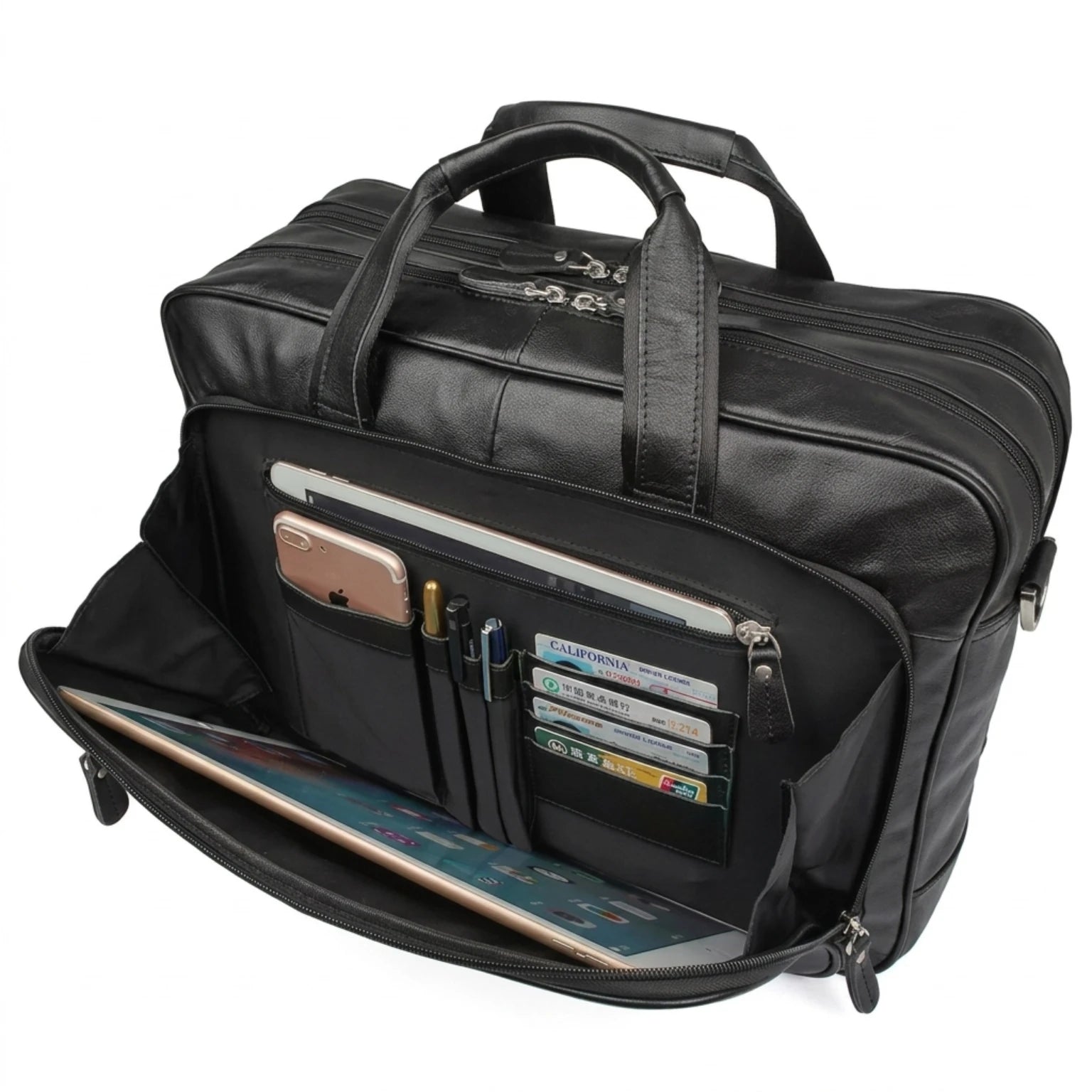Maleta executiva de couro ORVENI Black Texas perfeita para reuniões, trabalho e viagens de negócios.