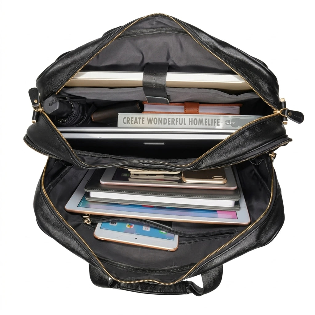 Maleta executiva de couro ORVENI Black Texas perfeita para reuniões, trabalho e viagens de negócios.