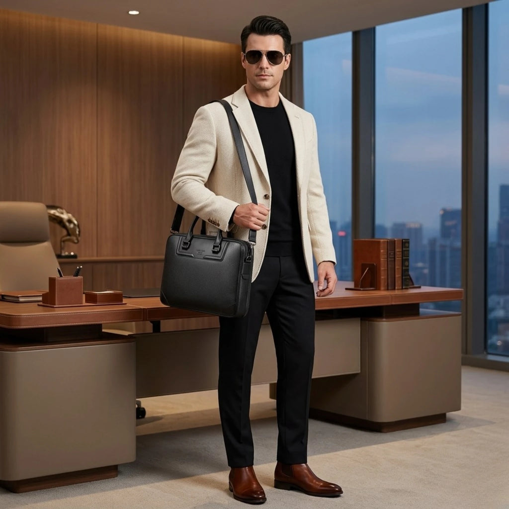 Maleta executiva masculina de couro perfeita para reuniões, trabalho e viagens de negócios.