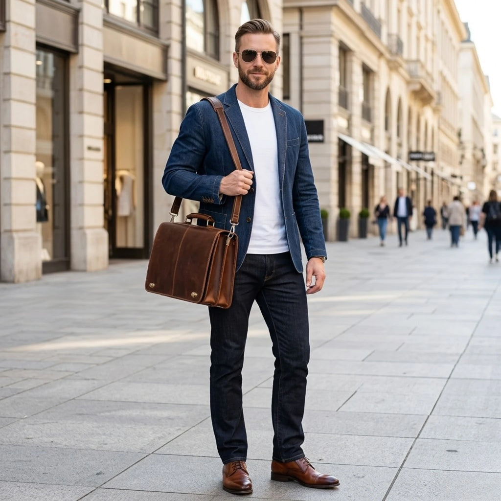 "Maleta de Couro ORVENI Dallas, maleta executiva masculina com espaço para notebook, documentos e acessórios, ideal para o dia a dia profissional."