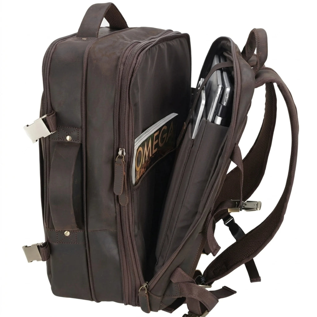 Mochila de Couro Executiva ORVENI Texas para notebook em couro legítimo, design sofisticado, alta durabilidade e excelente organização.
