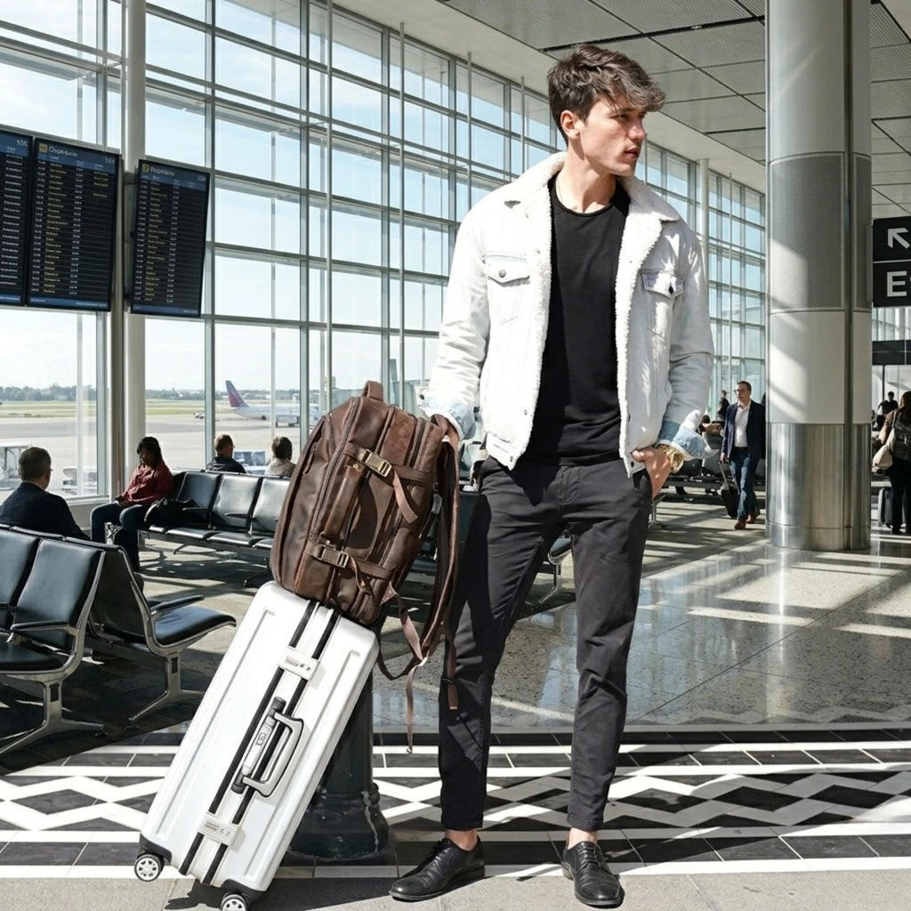 Mochila de couro masculina ORVENI Texas com compartimento para notebook e acabamento premium em couro legítimo.