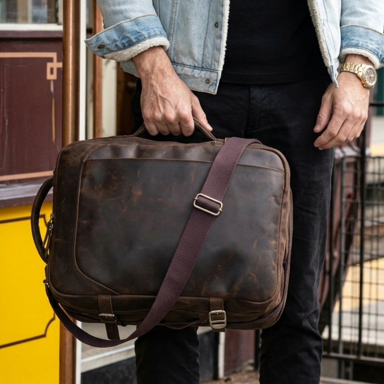 Mochila de couro executiva ORVENI Texas ideal para trabalho, viagens e transporte seguro de notebook.