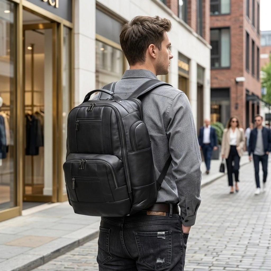 Mochila de couro executiva para notebook com acabamento refinado, conforto e alta durabilidade.