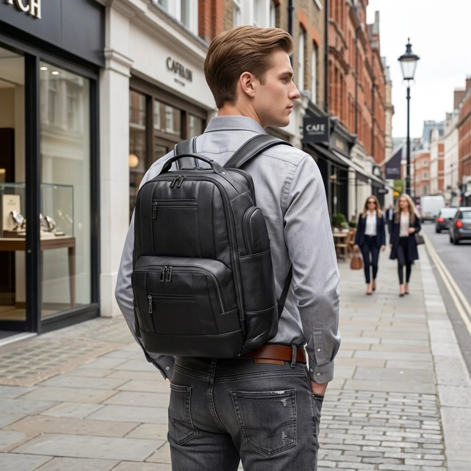 Mochila de couro executiva para notebook com acabamento refinado, conforto e alta durabilidade.