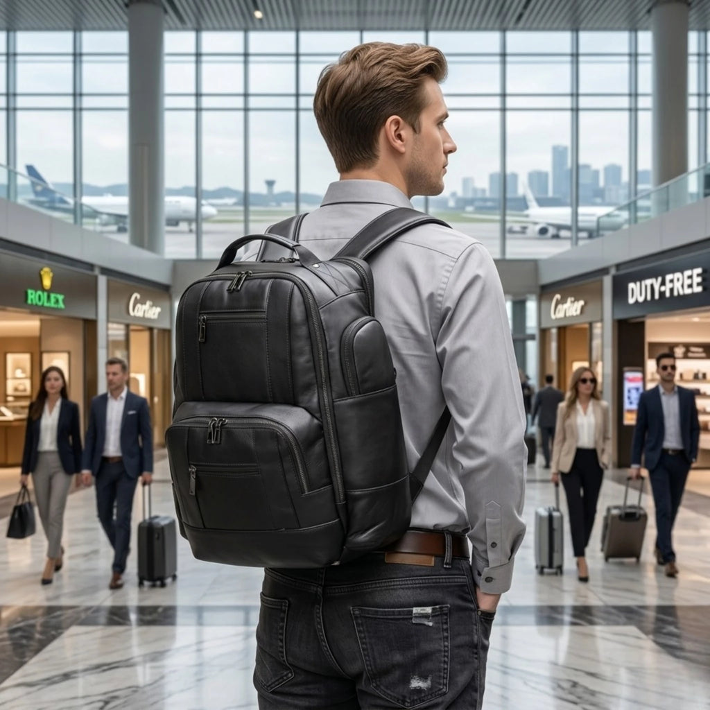 Mochila masculina em couro legítimo ideal para trabalho, viagens e transporte seguro de notebook.