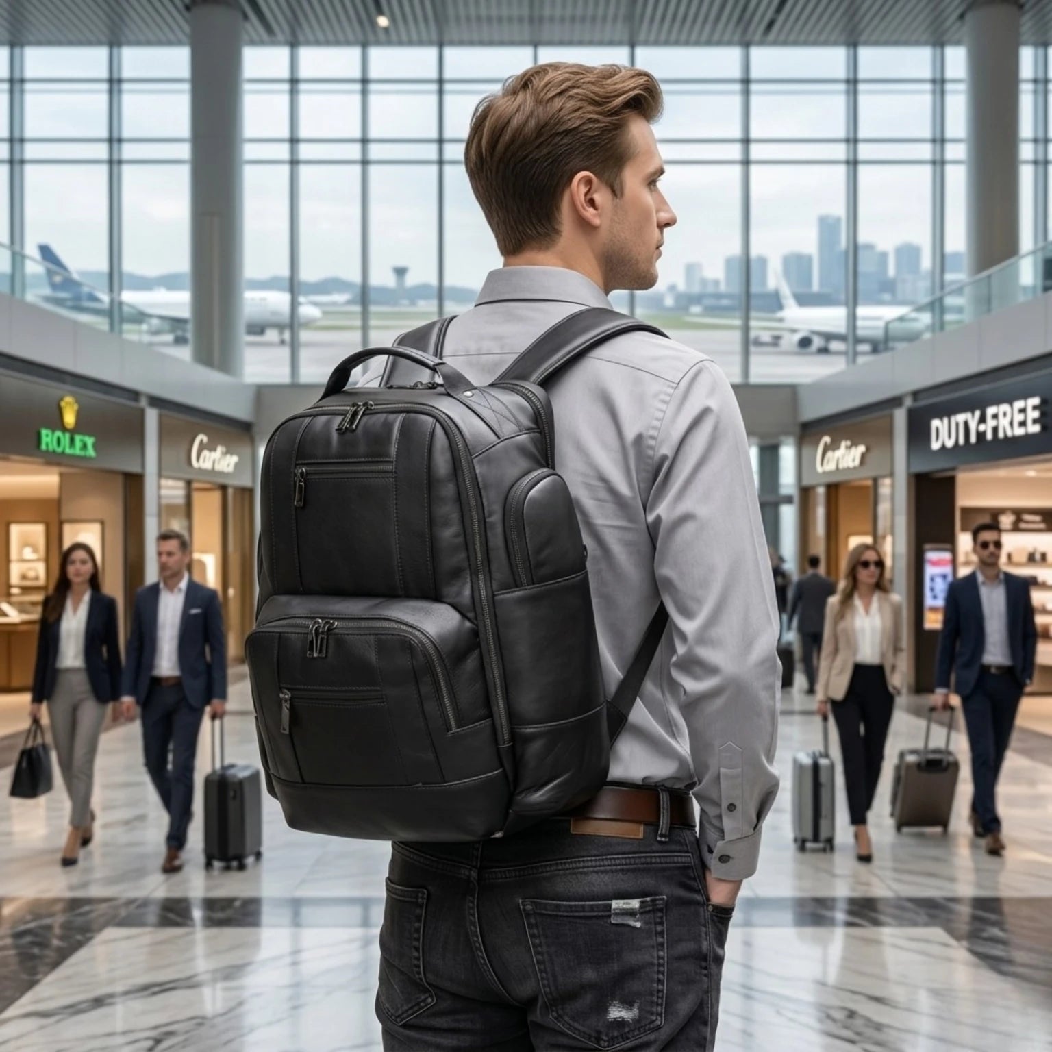 Mochila masculina em couro legítimo ideal para trabalho, viagens e transporte seguro de notebook.
