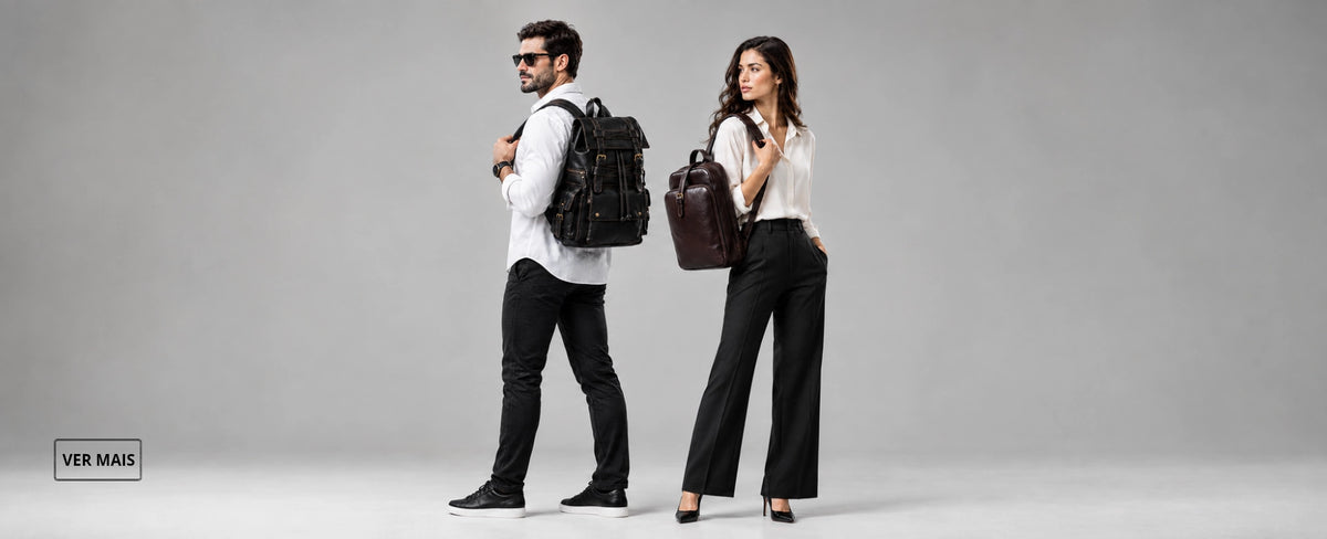 Homem e mulher segurando mochila executiva de couro ORVENI, presente atemporal para diversas ocasiões