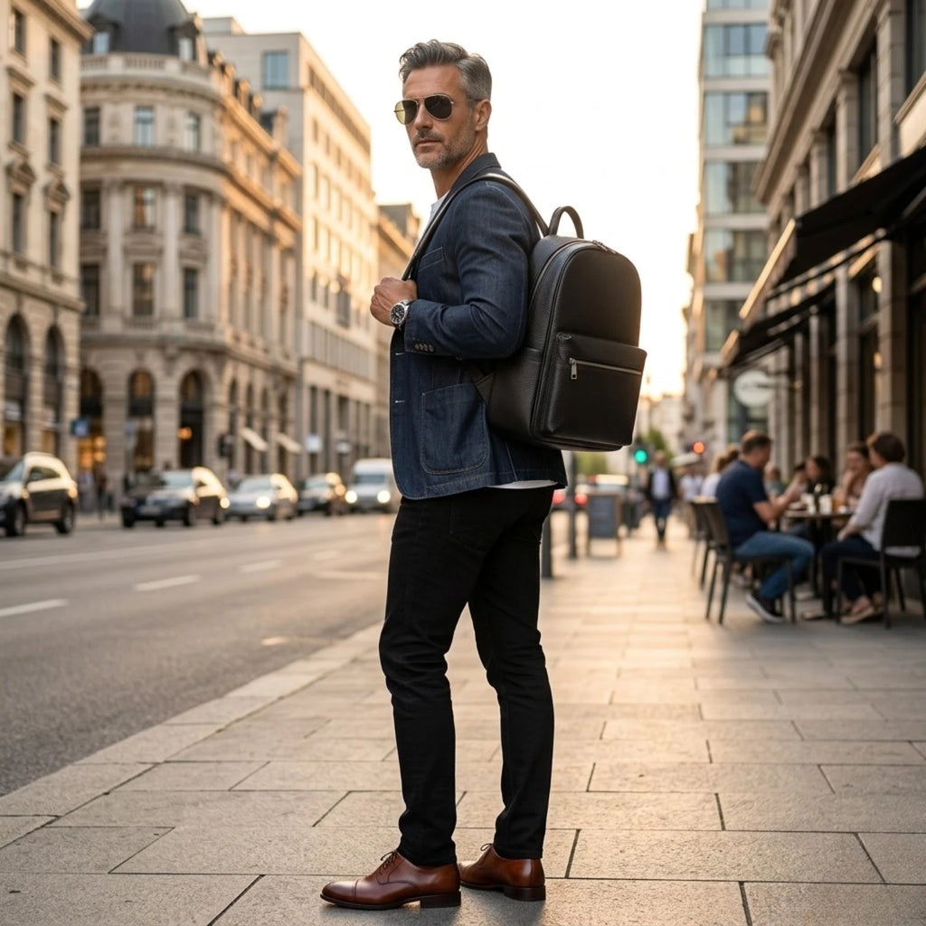 "Mochila couro notebook Life Europa em couro premium, modelo executivo com design sofisticado e compartimento acolchoado para notebook."