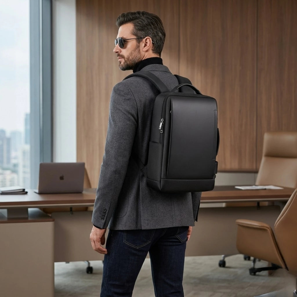 "Mochila de Couro Rome Pro, mochila de couro masculina com acabamento premium, espaço para notebook e alta organização."